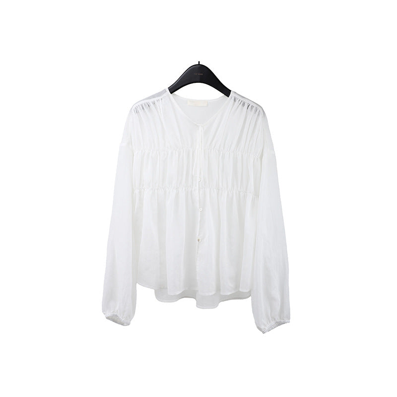 2025  Tencel linen pleated lace-up sunscreen shirt women's 2025 summer Korean light shirt T5032X
