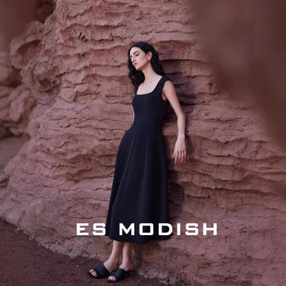 2025 ES MODISH spring new  high-end explosion square collar halter waist suspender small black dress dress women