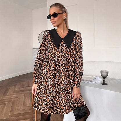XAKXX 2025 spring new leopard print lapel splicing dress 2025 fashion cross-border wholesale loose short skirt women