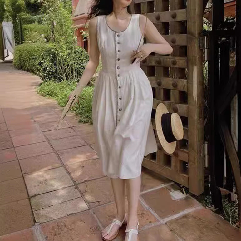 2025 Spot summer new vacation  retro style high-end sense thin sleeveless cotton and linen dress
