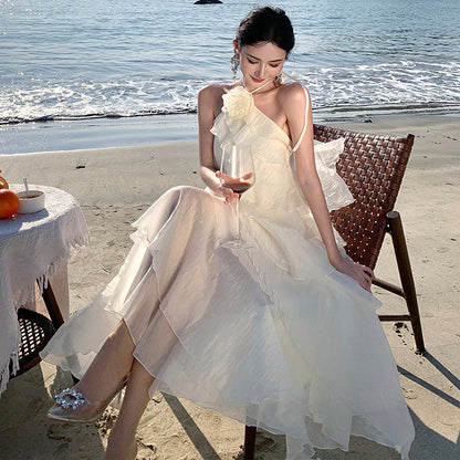 2025 Seaside vacation dress photo  super fairy flower halter beach dress ruffle edge fairy dress temperament dress