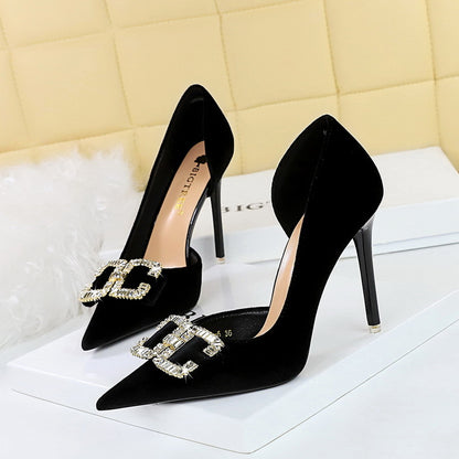 2025 1363-K78  high heels thin heel shallow mouth pointed side hollow thickened suede rhinestone buckle bow single shoe