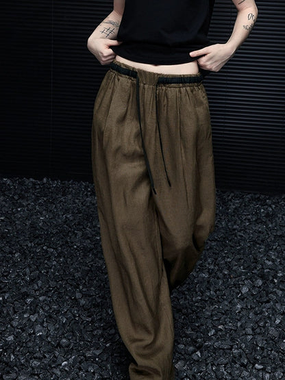2025 Coffee casual linen wide-leg pants women's  spring new simple and versatile relaxation lazy wind