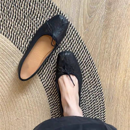 2025 Sheepskin version~ Leather handmade ballet grandma women's shoes bow shallow mouth single shoes women's flat Mary Jane women's shoes