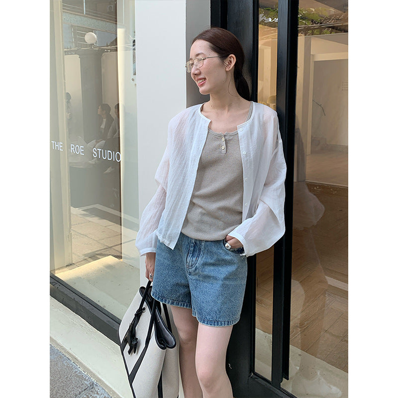 2025  light and thin sunscreen long-sleeved shirt 2025 thirteen lines summer new Korean simple versatile top T278