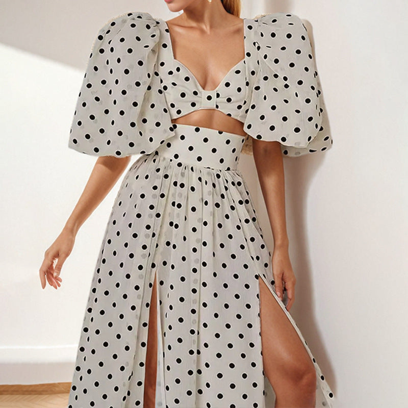 2025 2025 women's clothing 2025 spring new temperament bubble sleeve polka dot top slit skirt fashion suit women