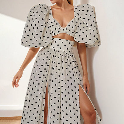 2025 2025 women's clothing 2025 spring new temperament bubble sleeve polka dot top slit skirt fashion suit women
