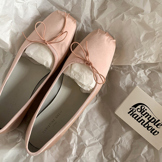 2025 Sheepskin version~ Su Yinyin's same square head  temperament bow commuting shallow mouth ballet single shoes women's flat shoes
