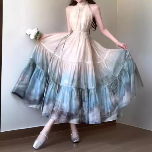 2025 New Chinese style smudge print dress summer neck super fairy long dress vacation pendulum fairy dress
