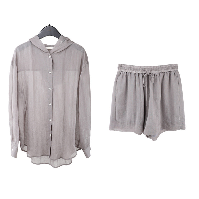 2025  linen tencel hooded sunscreen shirt + lace-up shorts women's 2025 casual fashion suit T5031X