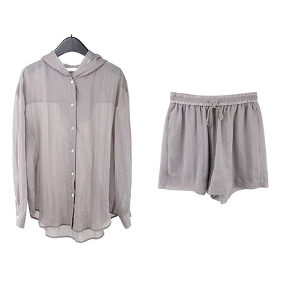 2025  linen tencel hooded sunscreen shirt + lace-up shorts women's 2025 casual fashion suit T5031X