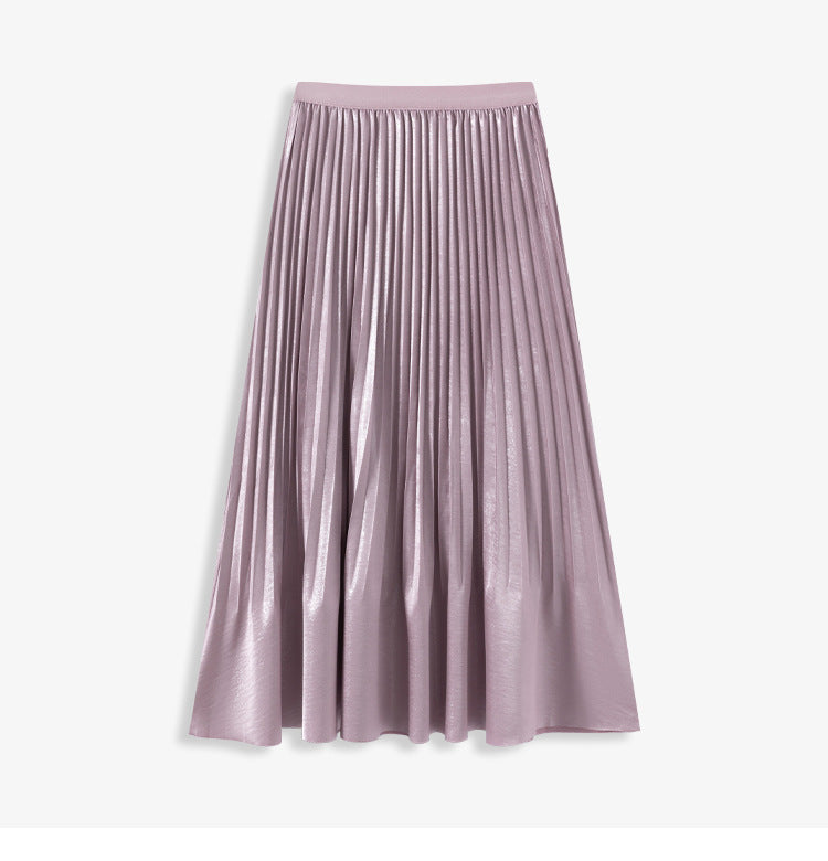 2025 pearlescent pleated skirt women's spring and summer elastic waist medium and long pleats