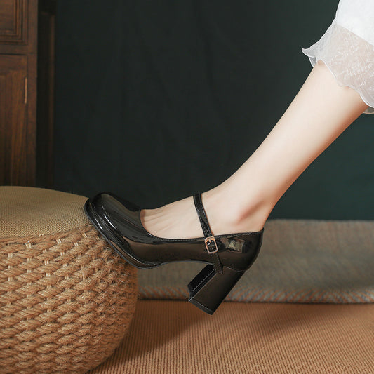 2025 Cowhide version~ New Mary Jane small leather shoes waterproof table one-word buckle retro high heels women's thick heel women's single shoes