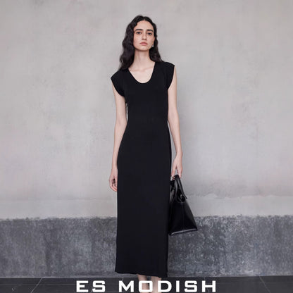 2025 ES MODISH Spring New Product Big Brand Feeling Inner U-Neck Sleeveless Solid Color Dress  Tencel Waist Long Dress