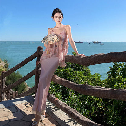 2025 New Chinese style suit, gentle temperament chiffon printed suspender top, satin hip skirt two-piece set
