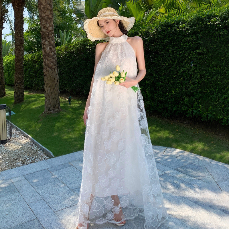 2025 Flower embroidered morning robe dress dress women's summer atmosphere vacation style super fairy pendulum neck suspender dress