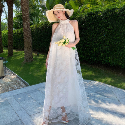 2025 Flower embroidered morning robe dress dress women's summer atmosphere vacation style super fairy pendulum neck suspender dress