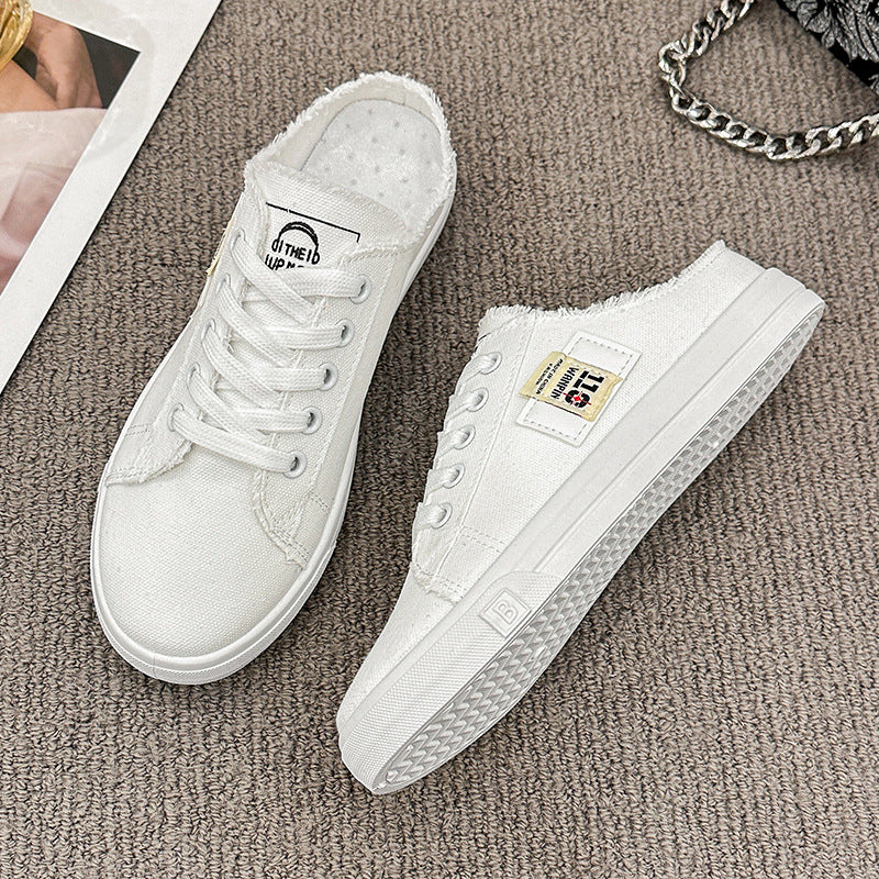 xakxx Spring and Autumn New Canvas Shoes Female Students Half Slippers Slip-on Lofter Versatile Breathable Casual White Shoes Fashion