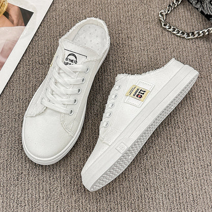 xakxx Spring and Autumn New Canvas Shoes Female Students Half Slippers Slip-on Lofter Versatile Breathable Casual White Shoes Fashion