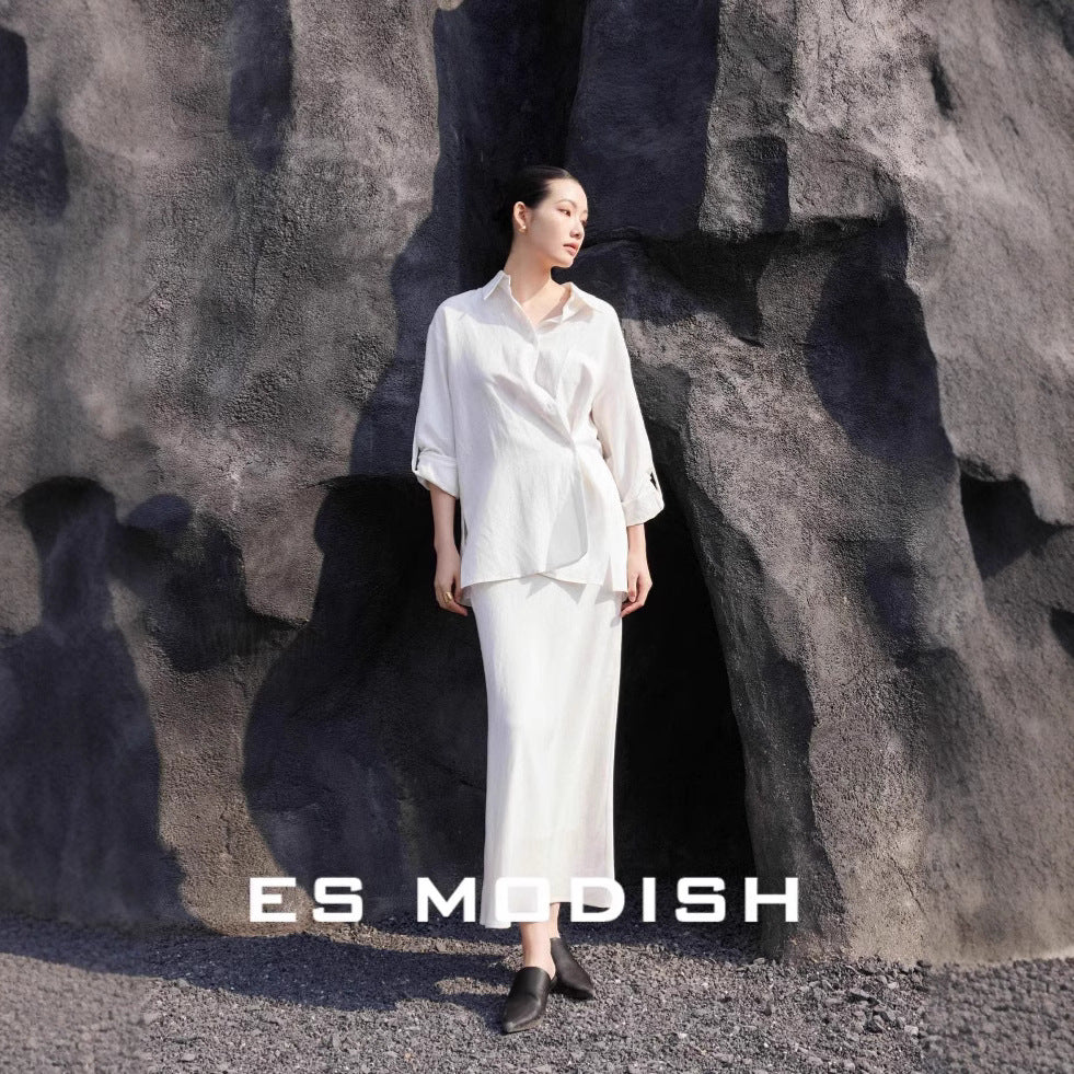 2025 ES MODISH spring new product design side buckle sleeve casual shirt + versatile fishtail skirt set