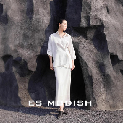 2025 ES MODISH spring new product design side buckle sleeve casual shirt + versatile fishtail skirt set