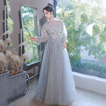 Gray-blue evening dress women's 2025 new banquet fairy temperament art test dress skirt long sleeve birthday party annual ceremony