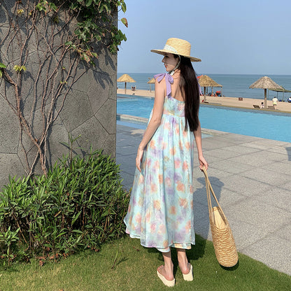 2025 Summer dopamine seaside vacation skirt coffee break  beautiful printing super good-looking pure desire wind suspender dress