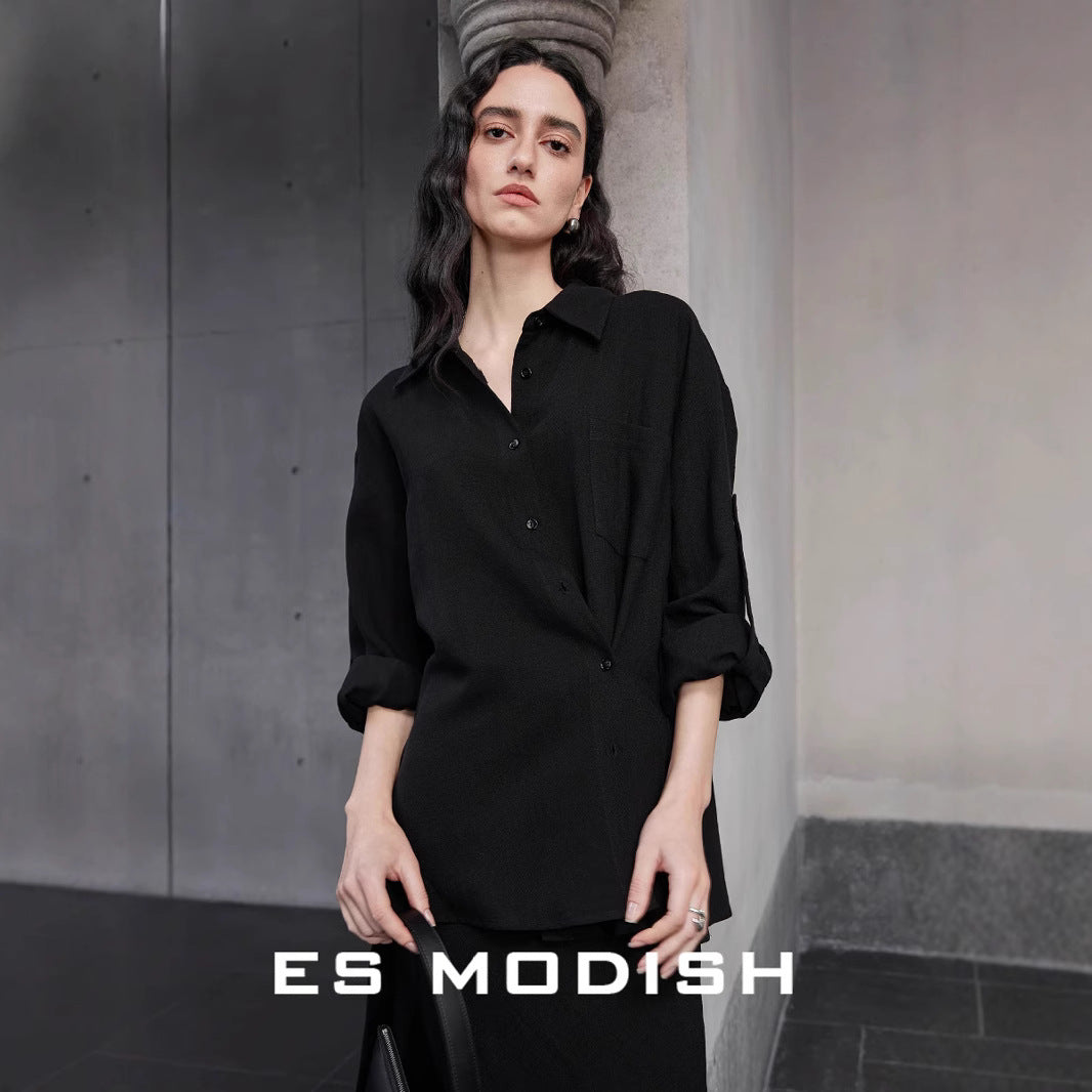 2025 ES MODISH spring new product design side buckle sleeve casual shirt + versatile fishtail skirt set