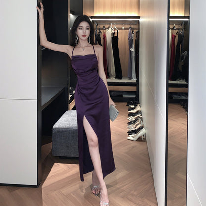 2025 Purple evening dress women's high-end banquet dress toast dress annual meeting sexy backless strap suspender dress