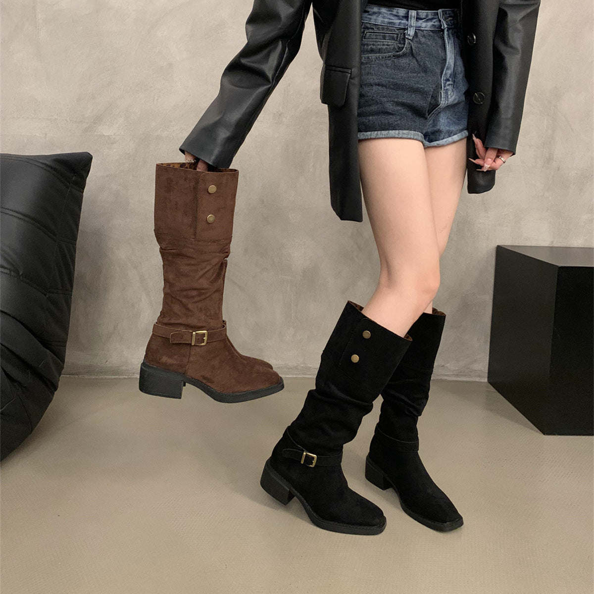 2025 Maillard metal buckle lapel two wear thick heel stack boots new suede round head knight boots in autumn and winter popular