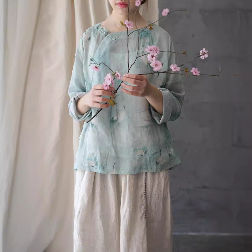 19 Summer Ramie Hanfu Zen Art Tea Clothing National Style Top Shirt Vintage Printed Zen Clothing S1946