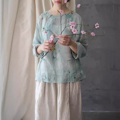 19 Summer Ramie Hanfu Zen Art Tea Clothing National Style Top Shirt Vintage Printed Zen Clothing S1946