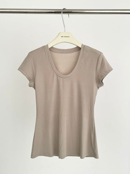 2025 ES MODISH Spring New Product Waist Skinny Shoulder U-Neck Short Sleeve T-Shirt Women's Design Versatile Tencel Top