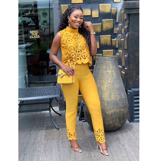 2025 Popular trade women's clothing popular new temperament sleeveless hollow top pants yellow set 2025 two-piece set