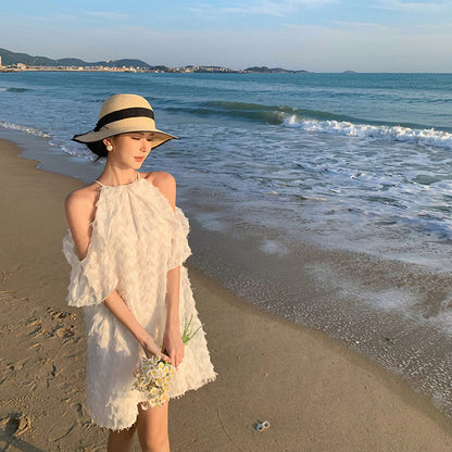 2025 Shoulder skipping fishing dating dress women's summer neck off the shoulder white chiffon short skirt small seaside vacation style