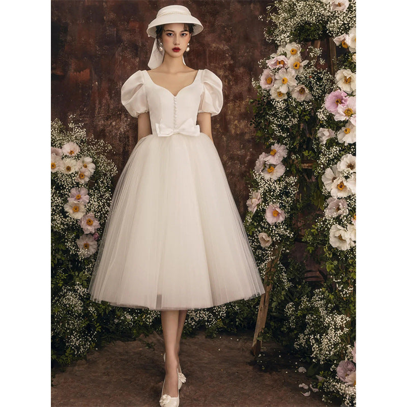 2025 White retro light wedding dress  new super fairy dream going out dress, thin temperament fluffy dress for women