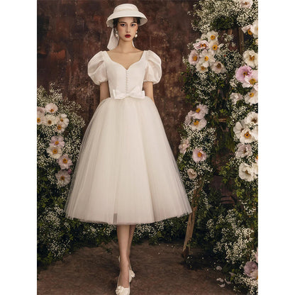 2025 White retro light wedding dress  new super fairy dream going out dress, thin temperament fluffy dress for women