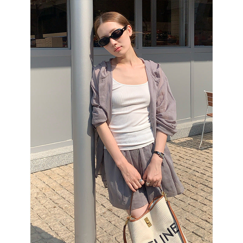 2025  linen tencel hooded sunscreen shirt + lace-up shorts women's 2025 casual fashion suit T5031X