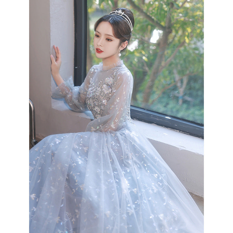 Gray-blue evening dress women's 2025 new banquet fairy temperament art test dress skirt long sleeve birthday party annual ceremony