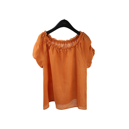 2025  Ramie Tencel Shoulder Short Sleeve Shirt 2025 Summer New Off-Shoulder Age Reduction Shirt Women's T5060X