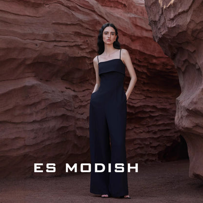 2025 ES MODISH Spring New  Retro Suspender High Waist Jumpsuit Design Sense Black Commuter Pants Women