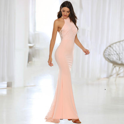 XAKXX  Russian women's clothing noble fishtail skirt backless shoulder sexy neck lace evening dress long light luxury dress