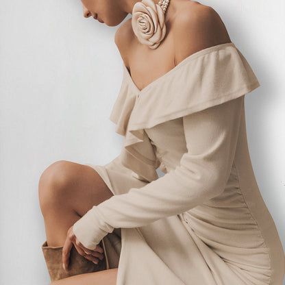 XAKXX 2025Slim-fit ruffle edge dress popular autumn and winter high-end sense khaki one-word neck tube top open fork fish tail long dress women