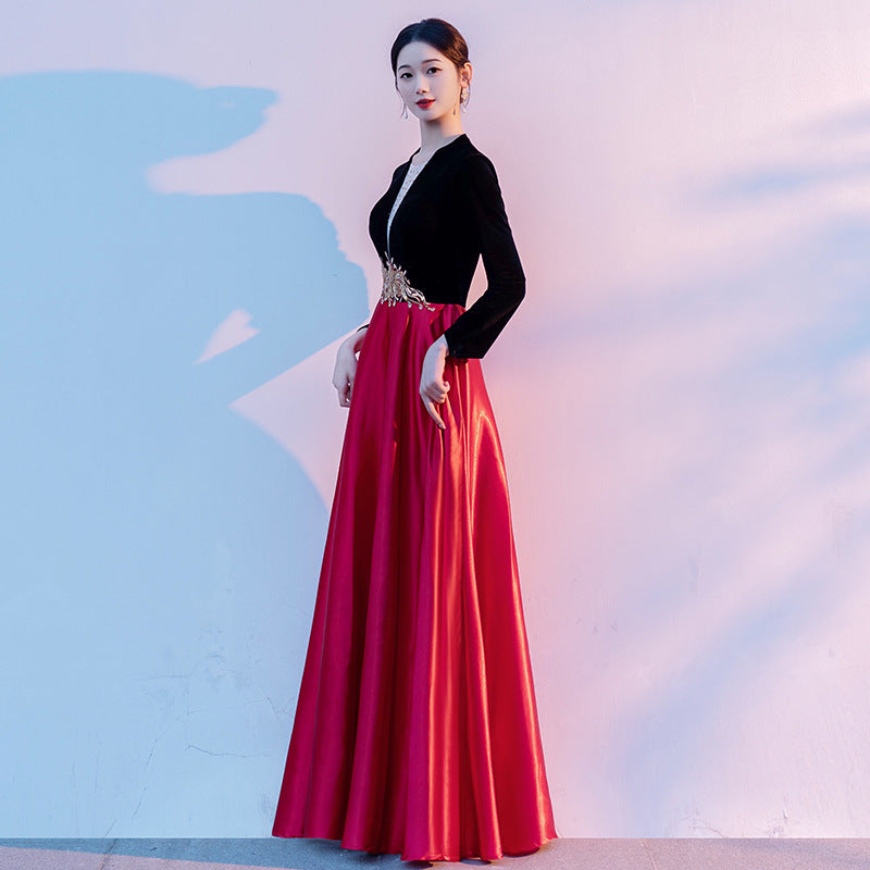 2025 Big choir performance costume female long dress host conductor evening dress poetry recitation red song black and red splicing costume