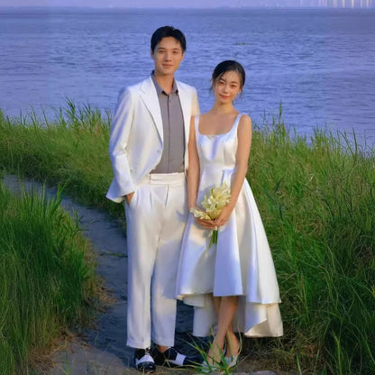 2025 light wedding dress bride simple satin suspender travel shot white short dress exterior going out yarn  spring