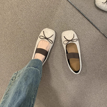 2025 Flat-bottomed  square head single shoes women's shoes popular new spring and autumn bow word with retro suede commuter shoes