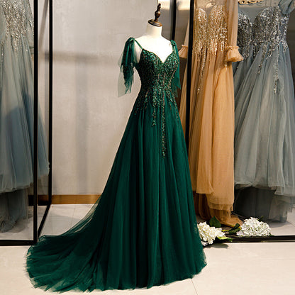 Banquet evening dress 2004 new small trailing elegant party dress dark green evening dress