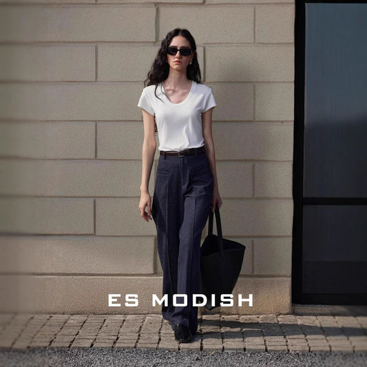2025 ES MODISH spring new Korean micro-high waist loose and thin versatile denim casual pants (with belt)