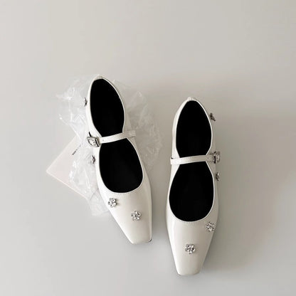 2025 Sheepskin version~  rhinestone flower one-word buckle light mouth thick heel single shoes women's gentle temperament square head Mary Jane shoes