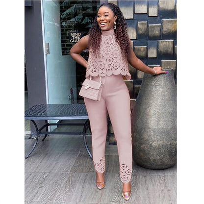 2025 Popular trade women's clothing popular new temperament sleeveless hollow top pants yellow set 2025 two-piece set